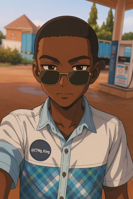 An anime-style illustration of a young man wearing sunglasses and a white and blue plaid shirt with a button reading '@CTNg_King', set at a gas station.