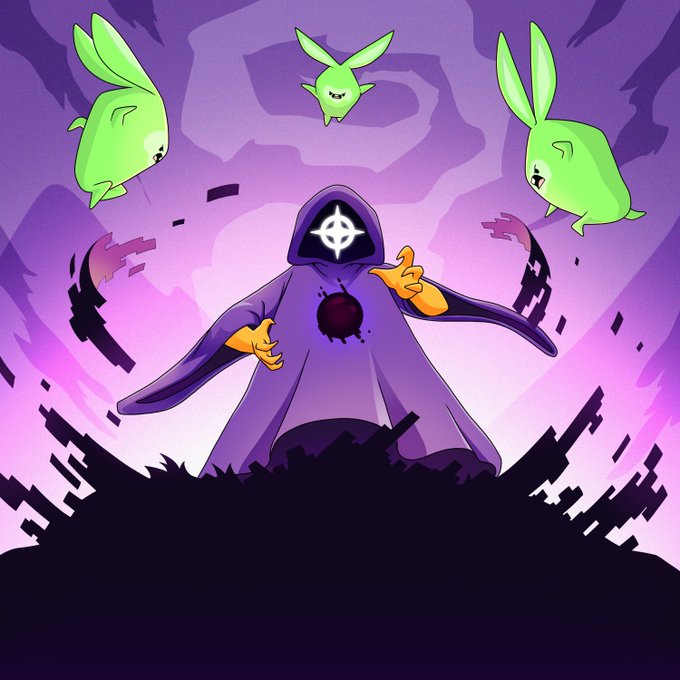 Digital artwork depicting a hooded, robed figure with a glowing eye symbol on its face and a dark void on its chest, surrounded by floating green rabbit-like creatures against a purple sky.