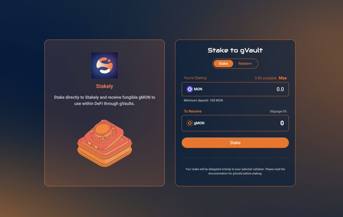 A cryptocurrency staking interface titled 'Stake to gVault' by Stakely, allowing users to stake MON and receive gMON with a minimum deposit of 100 MON.