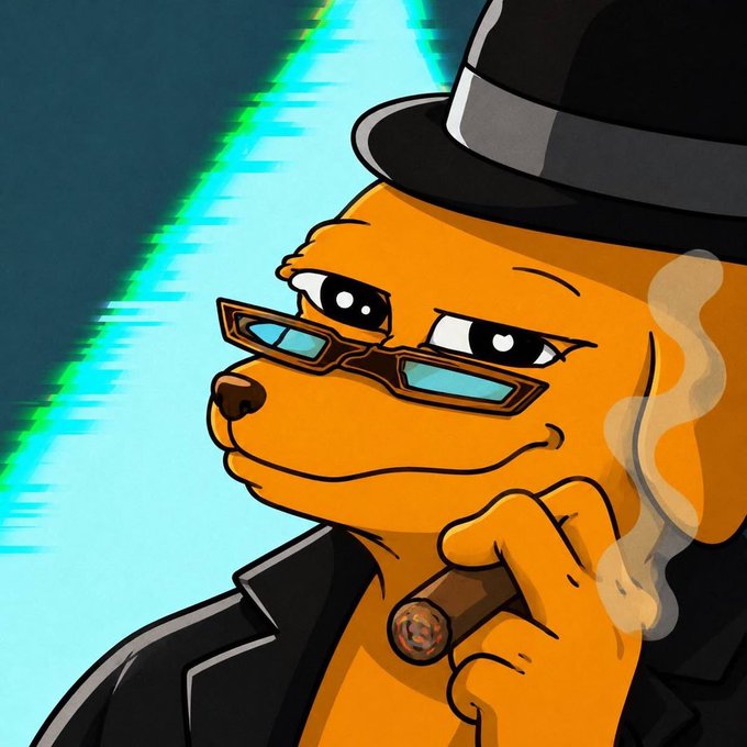 A cartoon illustration of an anthropomorphic yellow character wearing a black fedora, sunglasses, and black suit, smoking a cigar with smoke wisping up, set against a cyan and green background.