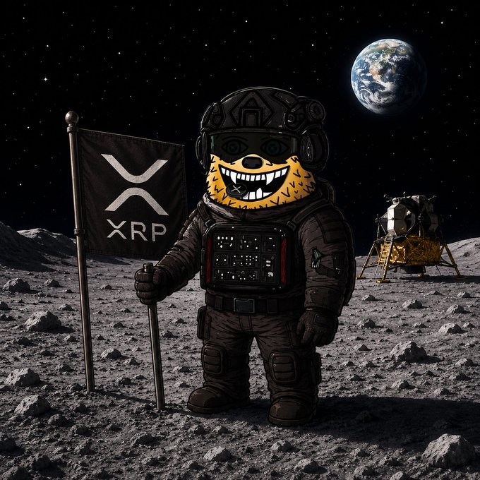 The image features a cartoon bear dressed as an astronaut standing on the moon with a flag that has "XRP" written on it. The caption below the image reads "XRP is on a moon mission, either get on board or get left behind".
