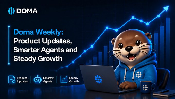 A promotional banner for "DOMA" featuring an otter mascot in a blue hoodie working at a laptop with an upward-trending growth chart in the background. The text reads "Doma Weekly: Product Updates, Smarter Agents and Steady Growth," with icons highlighting Product Updates, Smarter Agents, and Steady Growth—aligning with the post about simplified trading, clearer portfolios, and agents now able to run domains beyond just acquiring them.