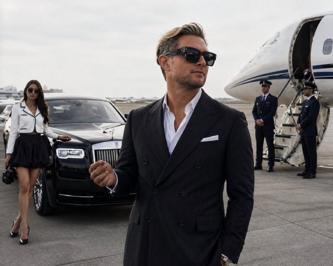 A well-dressed man with a woman and pilots stands by a Rolls-Royce and a private jet, embodying the luxurious lifestyle hinted at by the post's mention of $TBB and a "PoW drop."