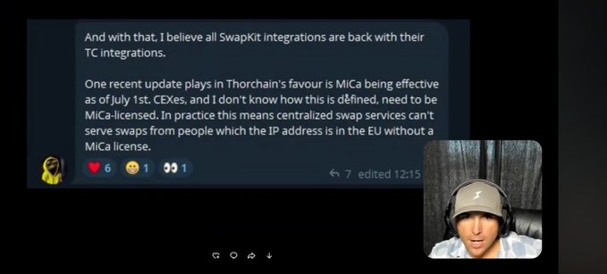 A screenshot of a Discord message discussing SwapKit integrations, CEXes, and the MiCA regulation effective July 1st, with a profile picture of a man wearing a beige cap in the bottom right corner.