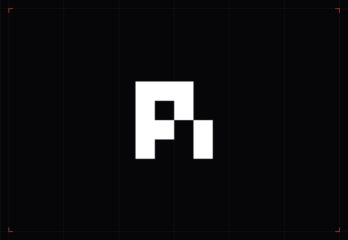A minimalist graphic featuring a white pixelated 'F' logo on a black background with red corner registration marks.