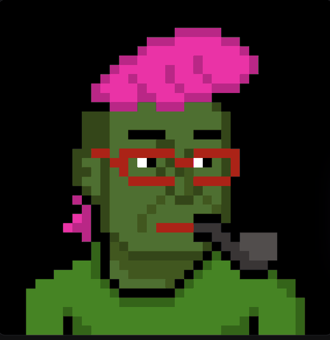 A pixel art image of a green-skinned character with pink hair, red glasses, and a microphone, set against a black backdrop.