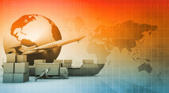 A stylized orange and blue graphic depicting global logistics—featuring a globe, airplane, cargo ship, delivery truck, and stacked boxes—set against a world map and binary code, symbolizing the interconnected international markets and supply chains poised for volatility during the four-day macro economic calendar highlighted in the post.