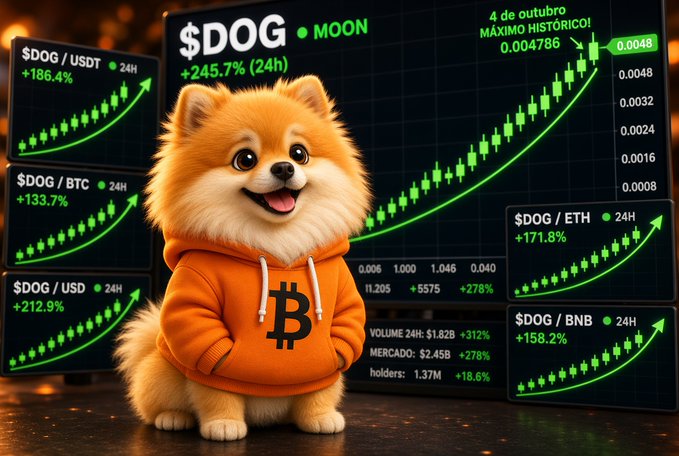 A digital illustration of a Pomeranian dog wearing an orange Bitcoin hoodie, surrounded by stock charts showing $DOG cryptocurrency prices soaring with gains like +245.7% (24h) and various trading pairs.