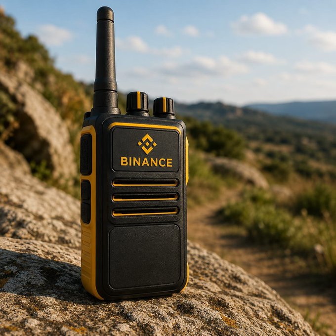 A rugged black and yellow walkie-talkie branded "BINANCE" sits on a rocky outcrop in a hilly landscape, suggesting a long-distance communication attempt from the crypto exchange to its users. The scene visually reinforces the post's message of "CM to Binance 1: Hello?"—symbolizing an unanswered call seeking a response.