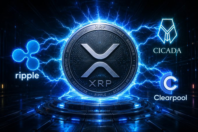 A digital illustration of an XRP coin surrounded by blue lightning, with logos for Ripple, Cicada, and Clearpool displayed around it.