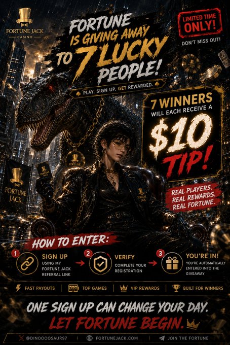 The image is a promotional poster for FortuneJack Casino featuring a man with a dinosaur, advertising a giveaway for "7 Lucky People" to each receive a $10 tip, with steps to sign up using the Fortune Jack link or promo code "DINO." The accompanying post provides specific entry instructions including tagging a friend and dropping a SOL/USDC wallet, aligning with the poster's call to action for the limited-time giveaway.