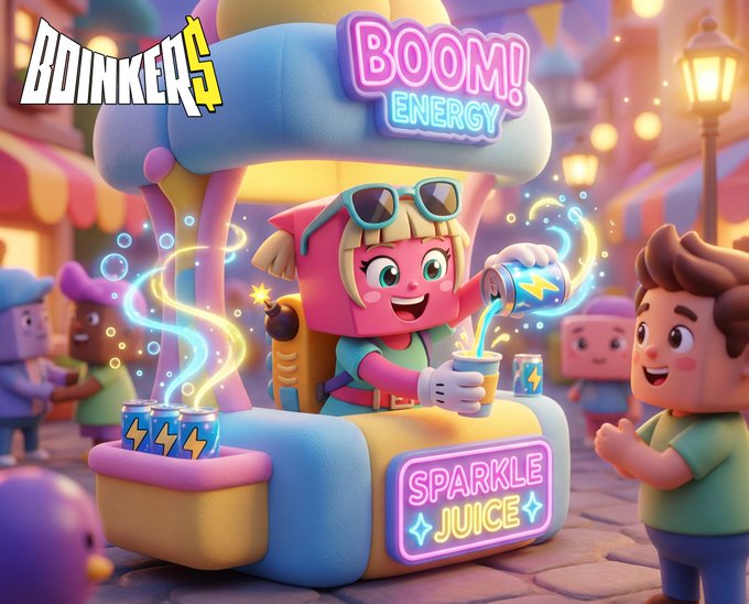 A vibrant cartoon scene shows a cheerful pink character at a "BOOM! ENERGY" stand pouring glowing blue "SPARKLE JUICE" into cups, with the "BOINKERS" logo prominently displayed in the corner, matching the energetic jackpot-themed promotional post.