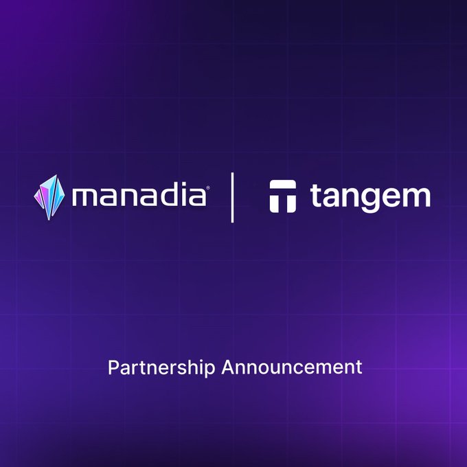 This image announces a partnership between Manadia and Tangem, featuring their logos and the text "Partnership Announcement".
