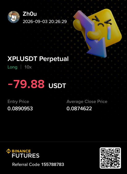 The image is a Binance Futures trading receipt showing user "Zh0u" took a 10x Long position on XPLUSDT Perpetual with an entry price of 0.0890953, which closed at an average price of 0.0874622, resulting in a realized loss of -79.88 USDT on 2026-09-03. It visually confirms the post's story of a failed scalp trade on $XPL that would have reversed to profit if held just 15 minutes longer, underscoring the lesson about over-trading.