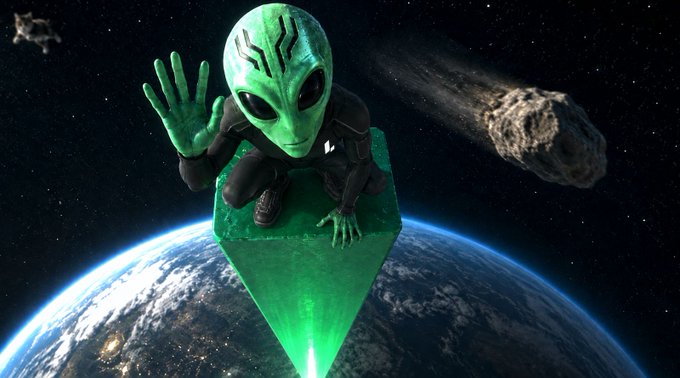 A 3D-rendered green alien in a black suit waves while crouched on a glowing green crystal spire, floating above Earth with asteroids in the background.