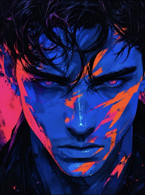 A stylized digital painting of a man's face with striking blue skin, glowing red eyes, and vivid red and orange highlights throughout.