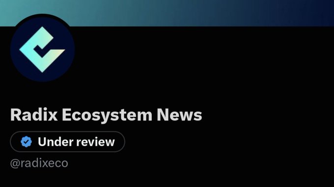 A profile header for "Radix Ecosystem News" with the handle @radixeco, displaying an "Under review" status badge below the Radix logo.