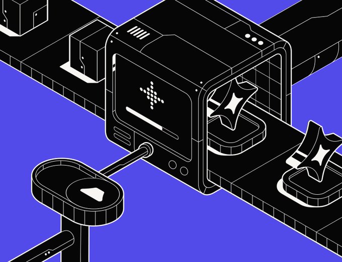 A stylized isometric illustration shows a machine processing items on a conveyor belt, with a diamond/star-shaped object labeled with a play-button symbol emerging as output. The imagery visually represents the "Caldera ecosystem" enabler mentioned in the post, which transforms various inputs (like the listed projects) into polished outputs across different use cases.