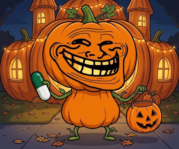 A cartoonish Halloween illustration of a pumpkin character with a 'troll face' grin holding a pill capsule and a jack-o'-lantern bucket.
