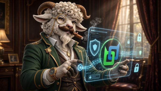 An AI illustration shows an anthropomorphic goat in vintage aristocratic clothing smoking a cigar while interacting with a holographic digital security interface.