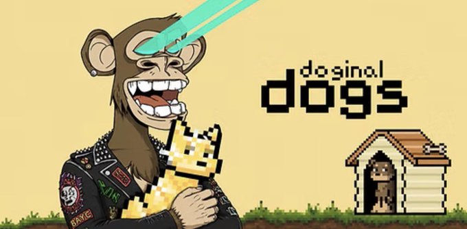 The pixel-art image features a grinning monkey wearing a spiked leather jacket and shooting laser beams from its eyes while holding a Shiba Inu, with the text "doginal dogs" displayed alongside a dog house. The image ties into the post by promoting the Doginal Dogs NFT community, welcoming Adam Weitsman as a notable new supporter of the collection.