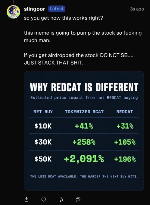 A social media post by user "slingoor" explaining how a meme will pump REDCAT stock, urging holders not to sell airdropped shares and stack them, accompanied by an infographic titled "WHY REDCAT IS DIFFERENT" showing estimated price impact from net REDCAT buying at $10K (+31%), $30K (+105%), and $50K (+196%) levels. The post appears to be soliciting agreement from crypto/finance influencers @_logjam and @DefiRabbitHole about the pump-and-hold strategy for the REDCAT token.