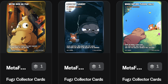 Three digital NFT cards labeled 'Fugz Collector Cards' on MetaFP, featuring different furry/cartoon characters with captions including 'WE'RE RICH AS FUQ', 'GOOD FUQERY', and 'WHEN NATURE FUQGIN CALLS'.