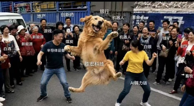 An AI-generated image showing a Chinese stock market scene with a smiling golden dog jumping between two people while a crowd watches, with various Chinese labels overlaid including '银行' (bank), '黄金' (gold), '机器人' (robot), 'AI算力链' (AI computing chain), and '半导体设备' (semiconductor equipment).