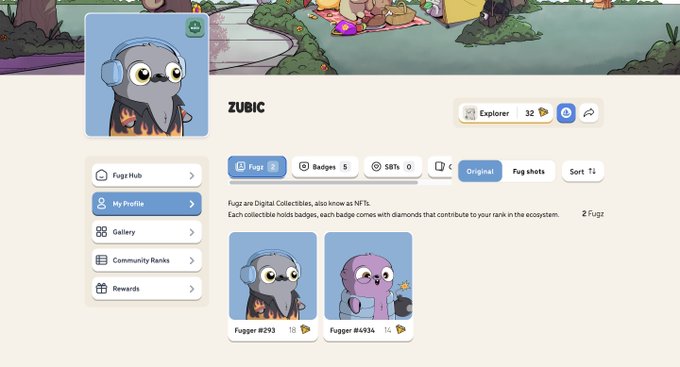 The image shows a profile page for "ZUBIC," an Explorer (Level 32) displaying a Fugz Digital Collectibles Hub with 5 badges, featuring two owned collectibles: "Fugger #293" and "Fugger #494," sorting by highest rarity. This relates to the post celebrating the Fugz team's Collectors Hub launch, with ZUBIC showcasing their two Fuggerz NFTs within the new platform.
