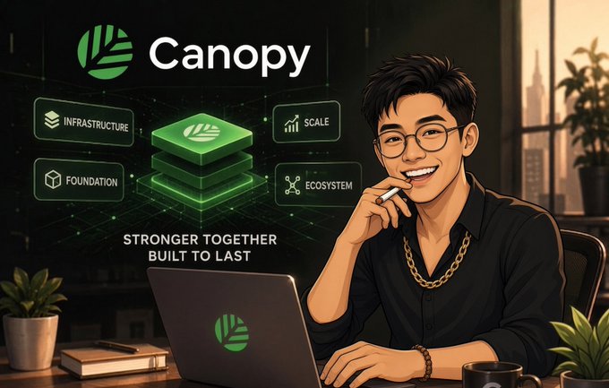 A promotional graphic for 'Canopy' featuring an illustrated man with glasses at a laptop, alongside icons labeled 'Infrastructure', 'Scale', 'Foundation', and 'Ecosystem' with the tagline 'Stronger Together, Built to Last'.