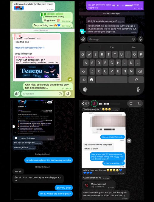 A collage of four iMessage screenshots showing conversations where friends enthusiastically recommend "Teaona" (@TeaonaX) as an "honest" and "good influencer" with over 2,150 followers who is "in good space to add her up," supporting the caption's claim about web3 job promotions for Teaona.