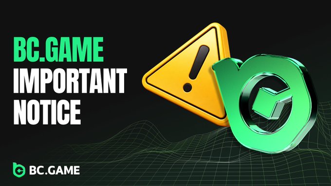 A BC.GAME promotional banner reading 'IMPORTANT NOTICE' with a yellow warning triangle and green BC logo on a dark background.