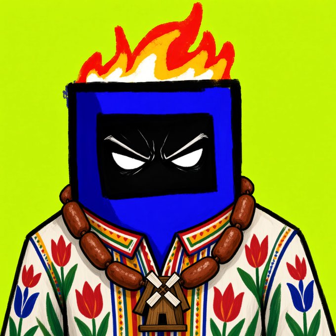 A pixelated blue box-headed character with an angry, determined expression wears traditional Dutch attire featuring a windmill-patterned collar and a tulip-printed shirt, topped with flames bursting from the top of its head against a bright lime green background. The image visually reinforces the post's theme of a Dutch developer by combining iconic Dutch cultural symbols (tulips, windmill) with an intense, fiery determination—mirroring the "serious and analytical" energy described as the team pushes toward their 30 ETH goal.