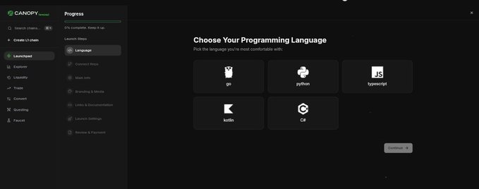 A dark-themed dashboard for Canopy featuring a "Choose Your Programming Language" prompt with options for Go, Python, TypeScript, Kotlin, and C#, alongside a left sidebar showing 0% launchpad progress and a "Launchpad" menu. The interface, designed for launching blockchain projects, visually reinforces the post's message about building high-performance dApps, suggesting a platform that allows developers to choose their preferred language for deploying decentralized applications and avoiding the congestion issues of shared chains.
