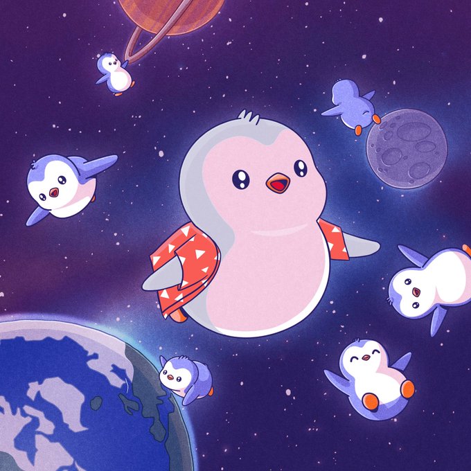 An illustration of a pink penguin-like creature wearing a red patterned jacket floating in space with several smaller penguins, surrounded by planets and stars.