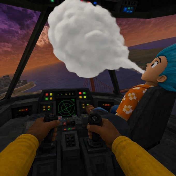 A first-person view from inside an airplane cockpit showing a character's hands on the controls while a blue-haired pilot in an orange floral shirt blows a massive cloud of smoke from their mouth against a sunset sky.