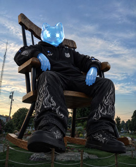 A figure with a glowing blue cat head sits in a large wooden rocking chair, wearing a black hoodie with cat patches, flame-patterned black jeans, and chunky black boots against a sunset sky.