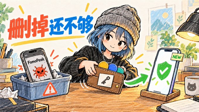 A colorful illustration showing a chibi-style character in a beanie transferring data from a phone labeled "FomoPeek" (with a virus icon) to a new phone with a green shield, accompanied by Chinese text reading "删掉还不够" (Deleting is not enough).