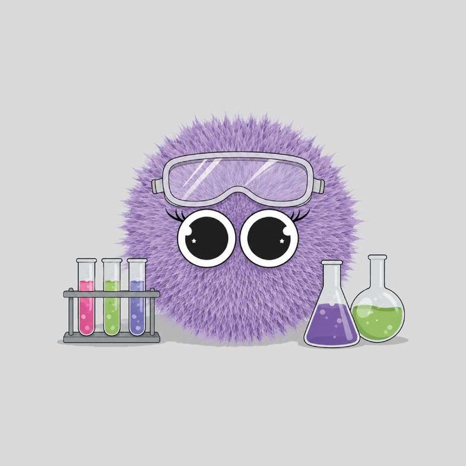 A cartoon illustration of a fluffy purple creature wearing white lab goggles, sitting between a rack of colorful test tubes and two flasks containing purple and green liquids.