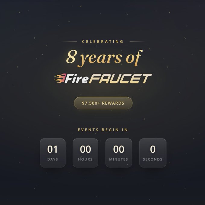 A promotional graphic celebrating "8 years of FireFaucet" with $7,500+ rewards, featuring a countdown timer showing 01 days, 00 hours, 00 minutes, 0 seconds until events begin.