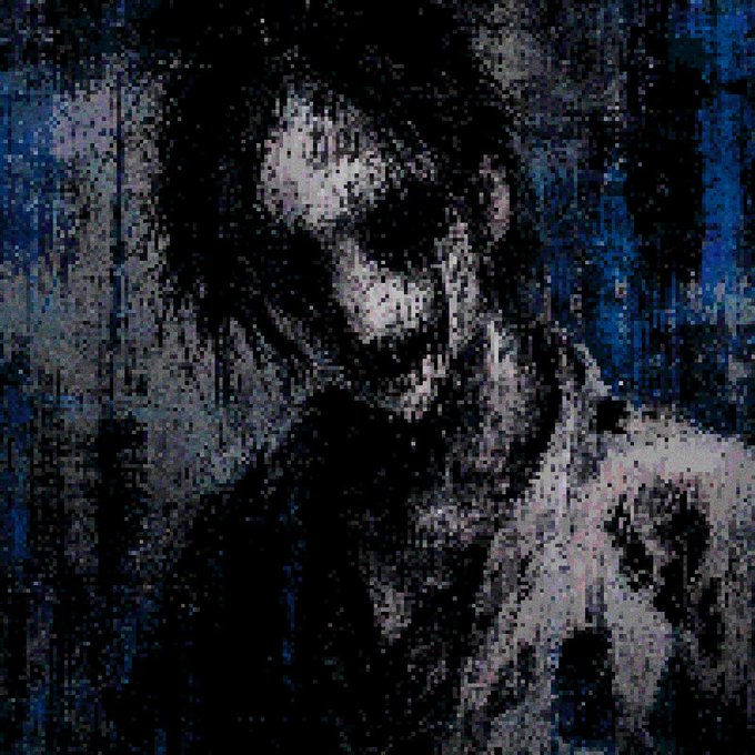 A dark, glitch-art style portrait of a figure with long dark hair and a wide, sinister grin, set against a grainy blue-black background. The eerie, distorted aesthetic complements the "Volatile #123" mint reference, suggesting this is the latest generative identity in a dark, experimental NFT collection.