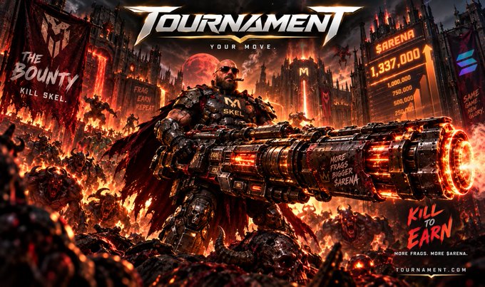 Promotional artwork for 'TOURNAMENT' with the tagline 'YOUR MOVE', depicting a muscular, scarred warrior holding a massive glowing weapon amid a fiery battlefield, with banners reading 'THE BOUNTY', 'KILL SKEL.', 'Sarena 1,337,000', and 'KILL TO EARN'.