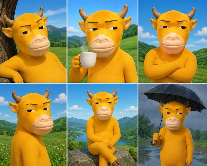 A 2x3 grid showing six variations of an animated yellow bull character in different scenes: leaning on a tree, holding a coffee cup, crossing arms, standing in a field, sitting on a rock, and holding an umbrella in the rain.
