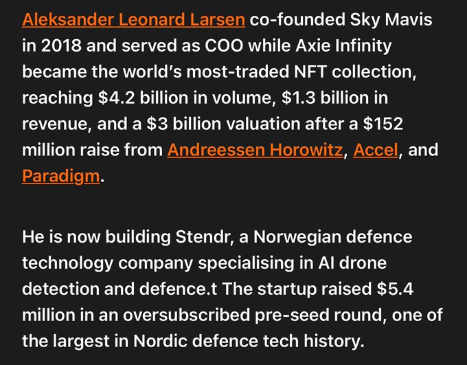 The image features a black background with white text that reads "Alexander Leonard Larsen co-founded Sky Maliis in 2018 and served as CEO while Axie Infinity/ronin has been nothing but cancer to web3 gaming and game devs stole billions of dollars from everyone and gave it all away to north korea now they're drying up their own chain to kill us with drones". The text is written in a clear, legible font.