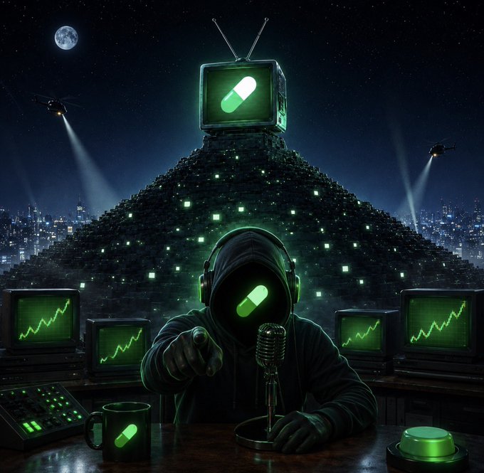 A hooded figure wearing headphones with a glowing green pill icon on the face sits at a desk with monitors showing green charts, a vintage microphone, a coffee mug, and a button, against a night sky backdrop featuring a mountain of monitors topped with a TV showing the same pill logo.