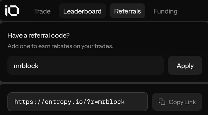 The image shows a referral code interface on Entropy (iO) with the code "mrblock" entered and an "Apply" button, along with a copyable referral link (https://entropy.io/?r=mrblock) matching the Tier 4 referral code promotion.