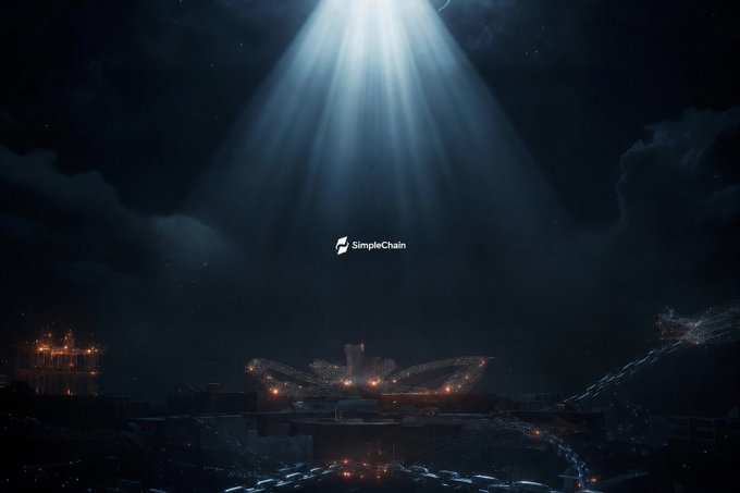 Dark atmospheric promotional image for SimpleChain featuring a spotlight over an industrial landscape.