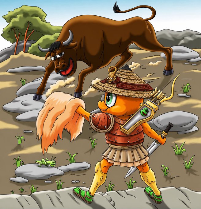 A cartoon illustration of an orange character in gladiator armor with a straw hat, holding a shield and sword, facing off against an angry charging brown bull in a rocky landscape.