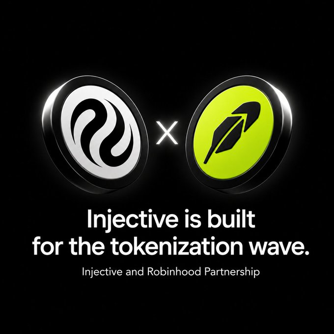 Promotional graphic showing two circular logos side by side with an 'x' between them, captioned 'Injective is built for the tokenization wave. Injective and Robinhood Partnership'.