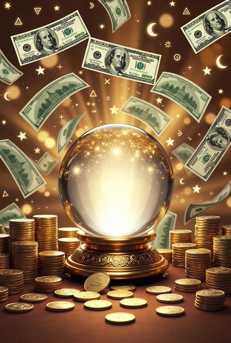 A glowing crystal ball sits on an ornate golden stand surrounded by stacks of gold coins and floating $100 bills, with magical stars and sparkles radiating in the background. The image visualizes the Turkish superstition that reacting to the post and commenting "888" will seal in wealth and ensure you never run out of money.
